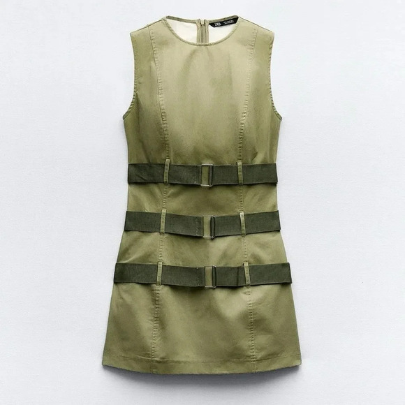 ZARA BELTED WAXED BLOGGERS FAMOUS GREEN DRESS - Picture 5 of 9